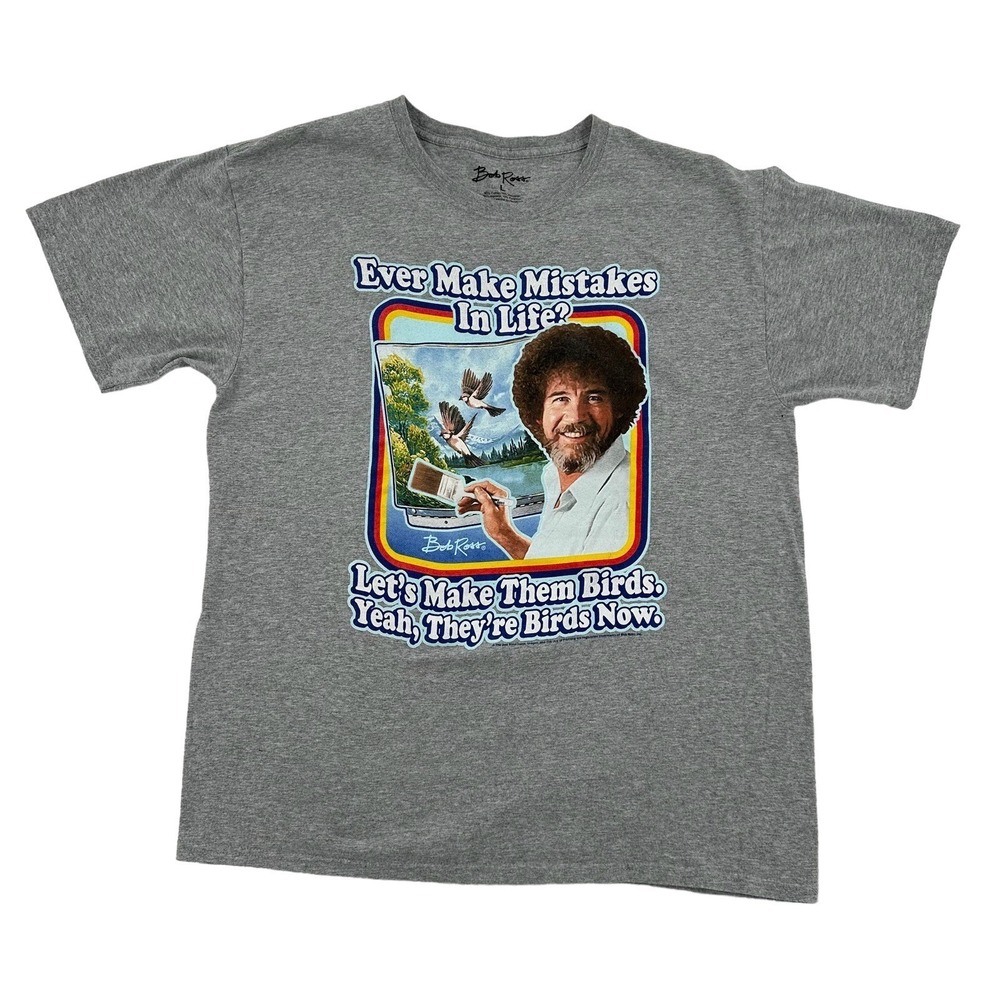 Bob Ross Mens Gray Graphic T-Shirt Mistakes Into Birds Quote Size Large Paint
